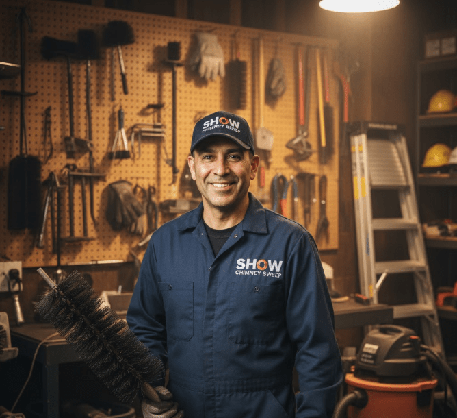 Show Chimney Sweep technician in company uniform at workshop with chimney brush