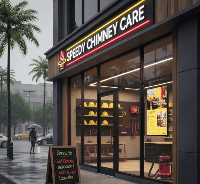 Show Chimney Care modern storefront with yellow and red neon signage